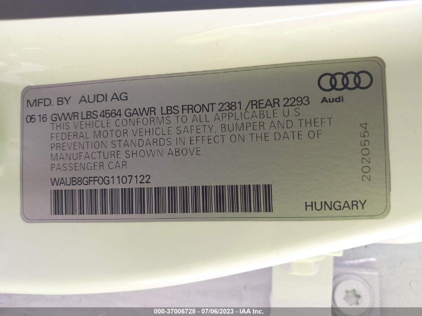 2016 AUDI A3 2.0T PREMIUM - WAUB8GFF0G1107122