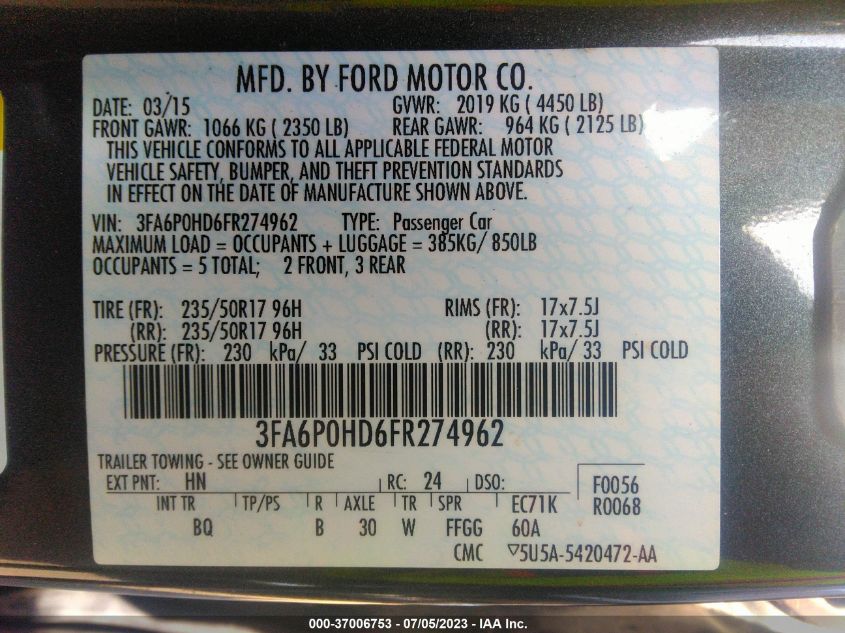 2015 FORD FUSION SE - 3FA6P0HD6FR274962