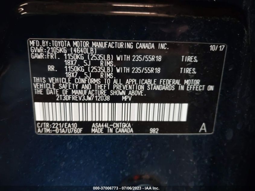 2018 TOYOTA RAV4 LIMITED/PLATINUM - 2T3DFREV3JW712038