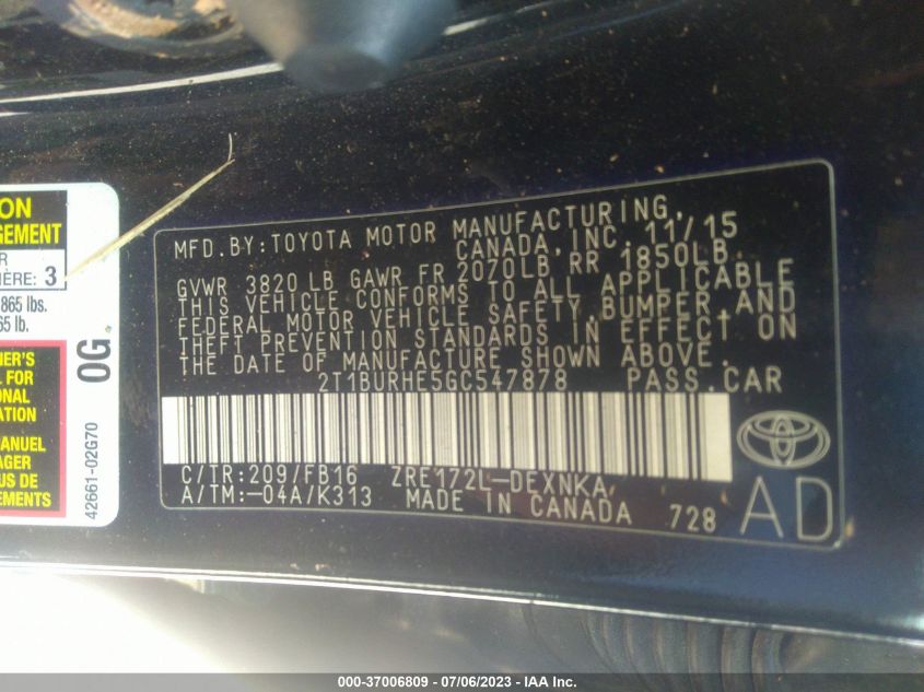 2016 TOYOTA COROLLA L/LE/S/S PLUS/LE PLUS - 2T1BURHE5GC547878