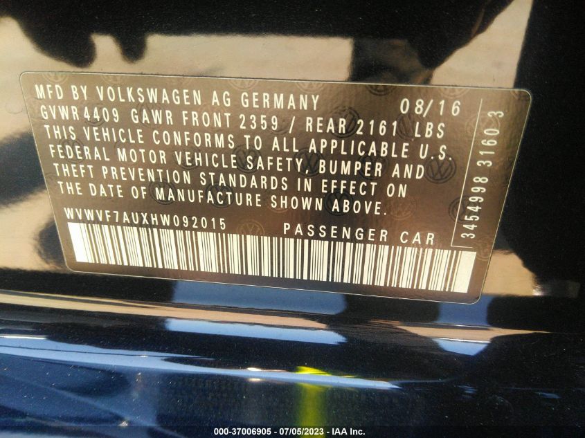 2017 VOLKSWAGEN GOLF R - WVWVF7AUXHW092015