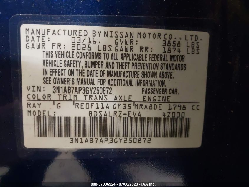 2016 NISSAN SENTRA SR - 3N1AB7AP3GY250872