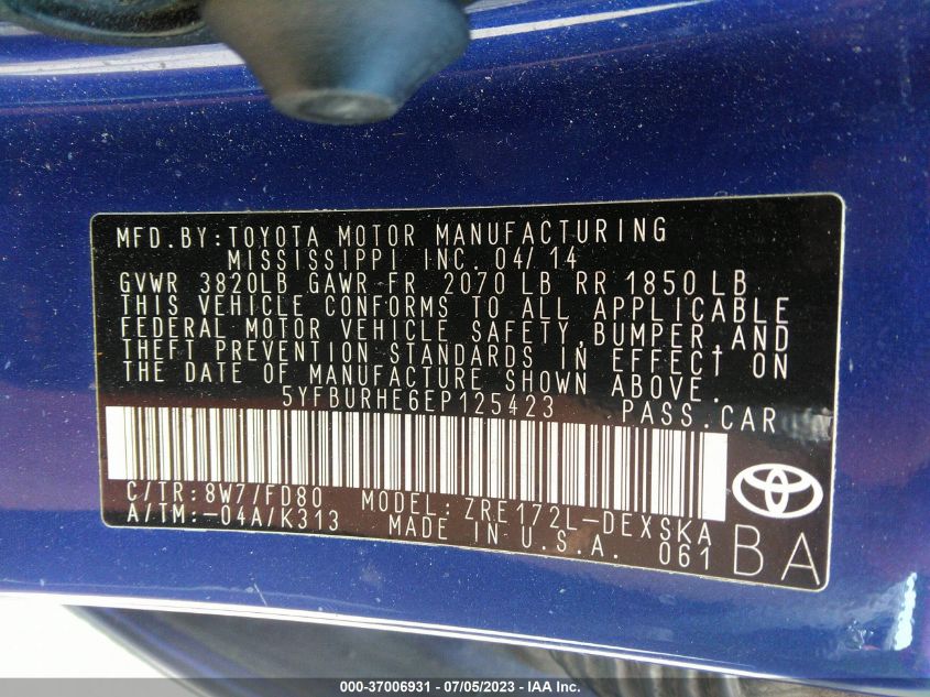 2014 TOYOTA COROLLA L/LE/S/S PLUS/LE PLUS - 5YFBURHE6EP125423