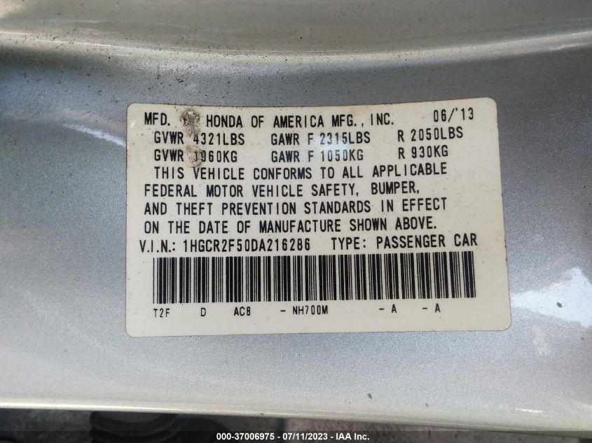 2013 HONDA ACCORD SDN SPORT - 1HGCR2F50DA216286