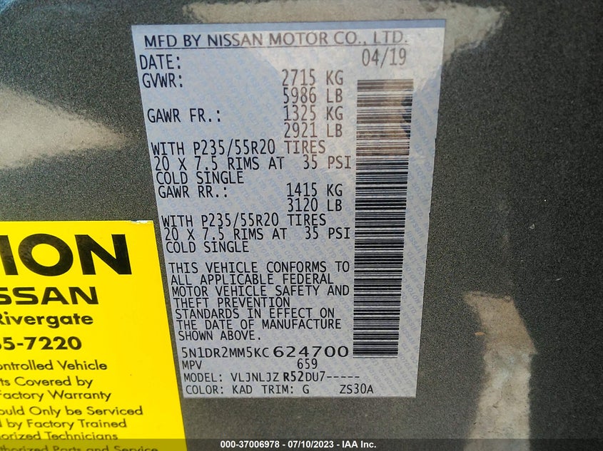 VIN 5N1DR2MM5KC624700 2019 NISSAN PATHFINDER PLATINUM