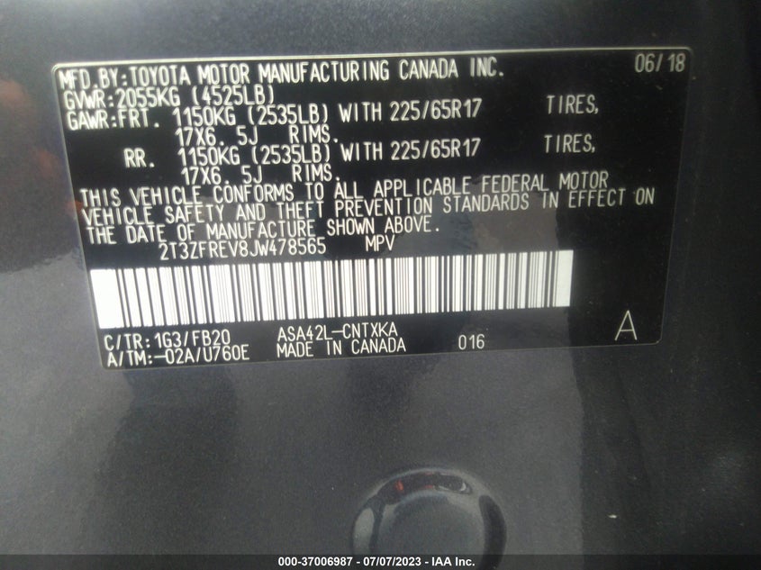 VIN 2T3ZFREV8JW478565 2018 TOYOTA RAV4 LE