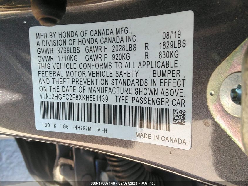 2019 HONDA CIVIC SEDAN SPORT - 2HGFC2F8XKH591139