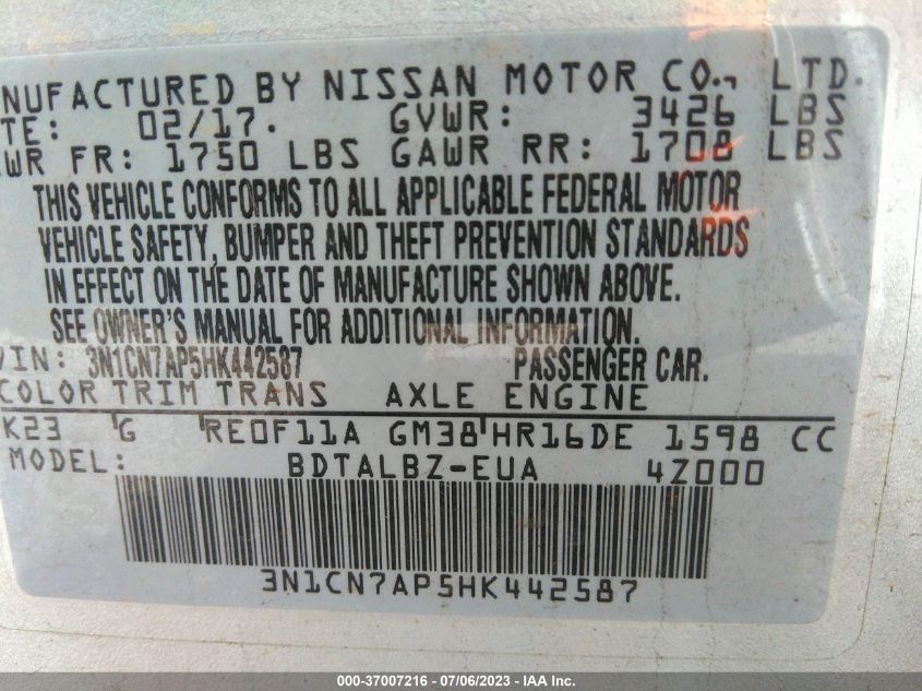 2017 NISSAN VERSA SEDAN SV - 3N1CN7AP5HK442587