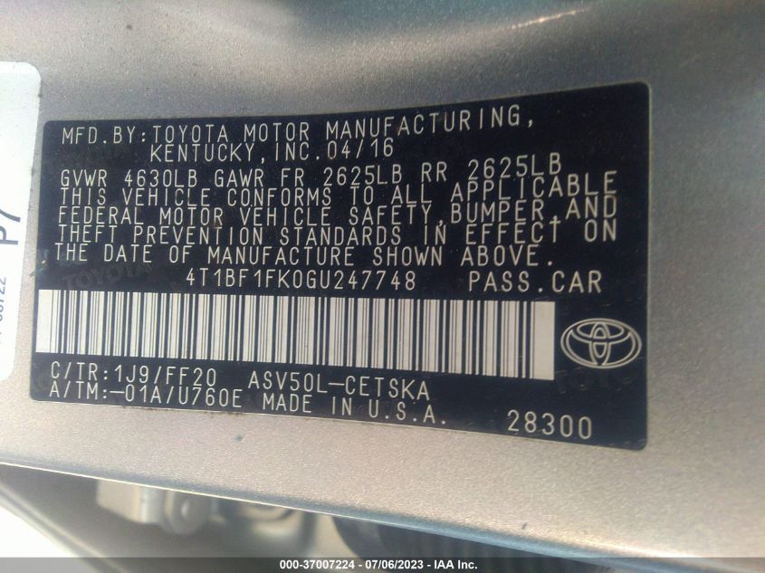 2016 TOYOTA CAMRY XLE/SE/LE/XSE - 4T1BF1FK0GU247748