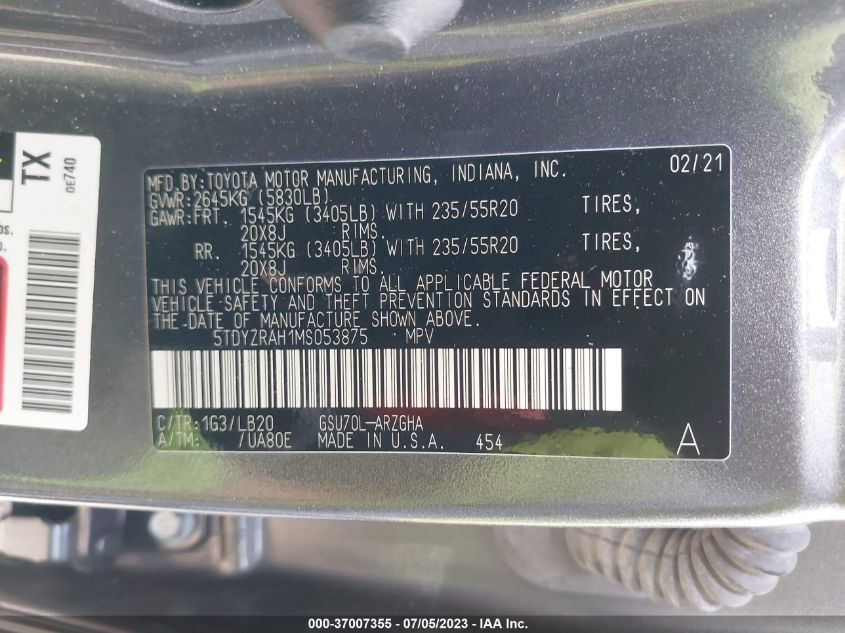 2021 TOYOTA HIGHLANDER LIMITED/PLATINUM - 5TDYZRAH1MS053875