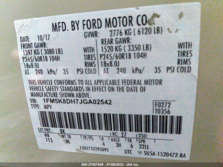 2018 FORD EXPLORER XLT - 1FM5K8DH7JGA02542