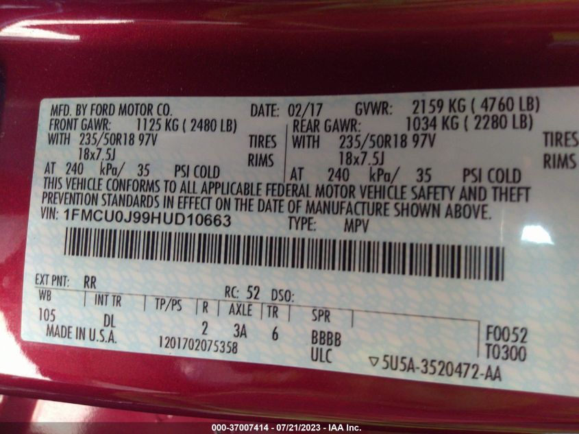 2017 FORD ESCAPE TITANIUM - 1FMCU0J99HUD10663