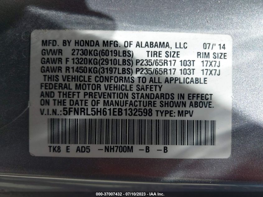 2014 HONDA ODYSSEY EX-L - 5FNRL5H61EB132598