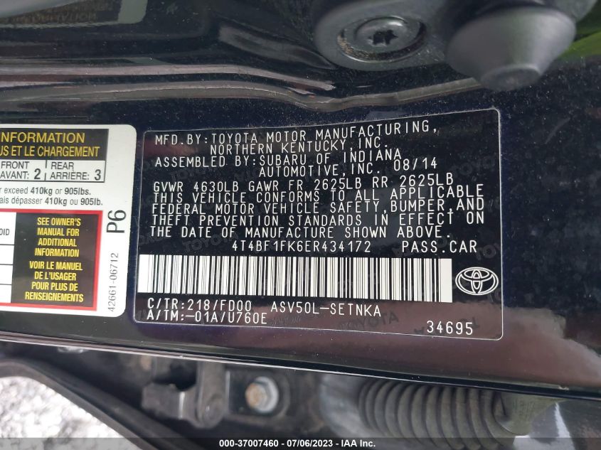 2014 TOYOTA CAMRY L/LE/XLE/SE/SE SPORT - 4T4BF1FK6ER434172