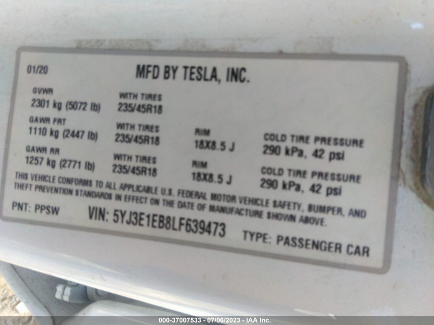 2020 TESLA MODEL 3 LONG RANGE - 5YJ3E1EB8LF639473