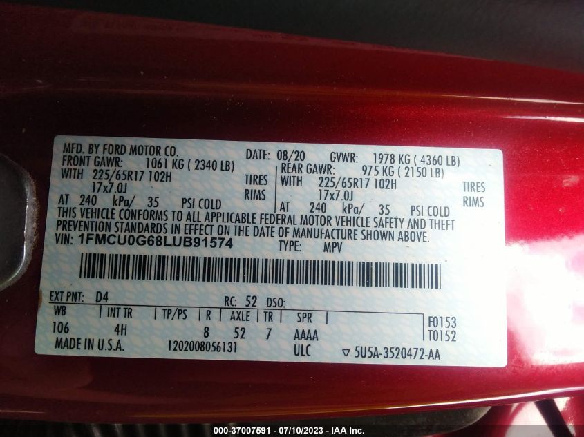 VIN 1FMCU0G68LUB91574 2020 FORD ESCAPE SE