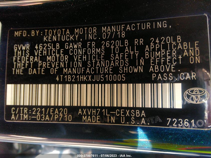 2018 TOYOTA CAMRY HYBRID - 4T1B21HKXJU510005