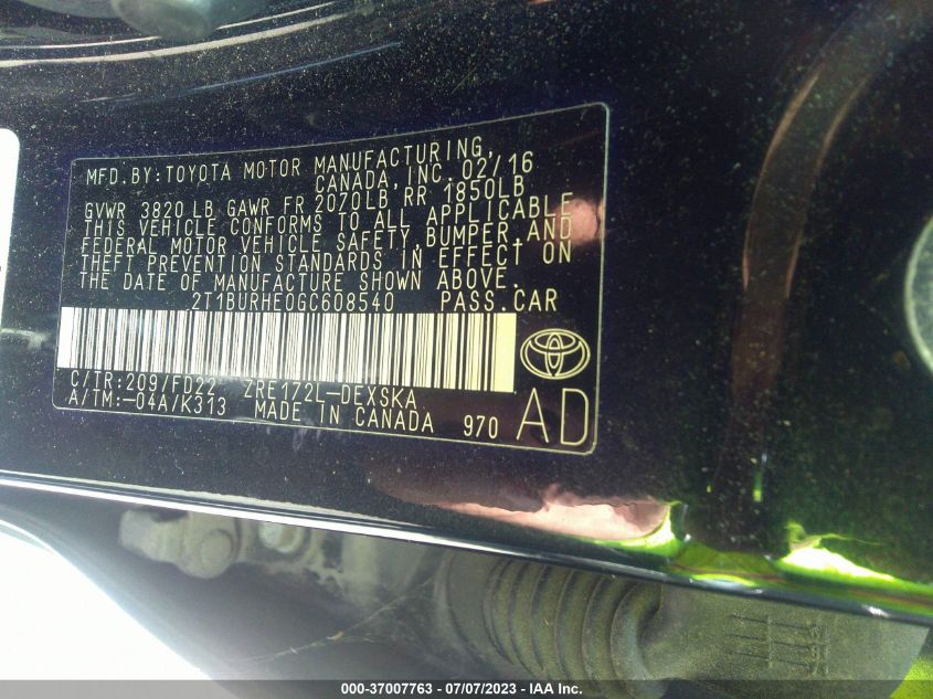 2016 TOYOTA COROLLA L/LE/S/S PLUS/LE PLUS - 2T1BURHE0GC608540
