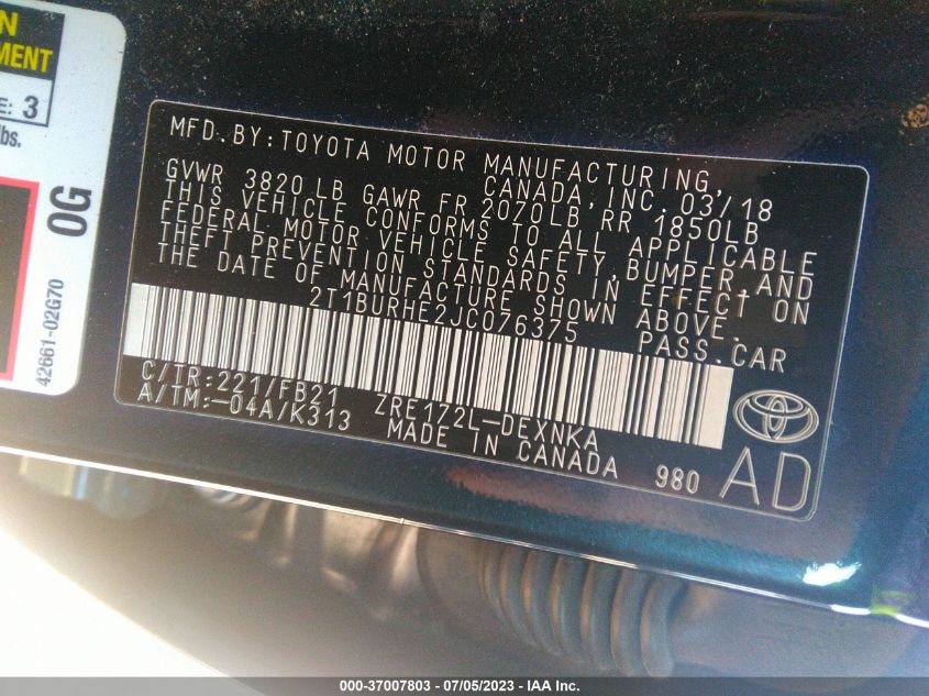 2018 TOYOTA COROLLA L/LE/XLE/SE/XSE - 2T1BURHE2JC076375