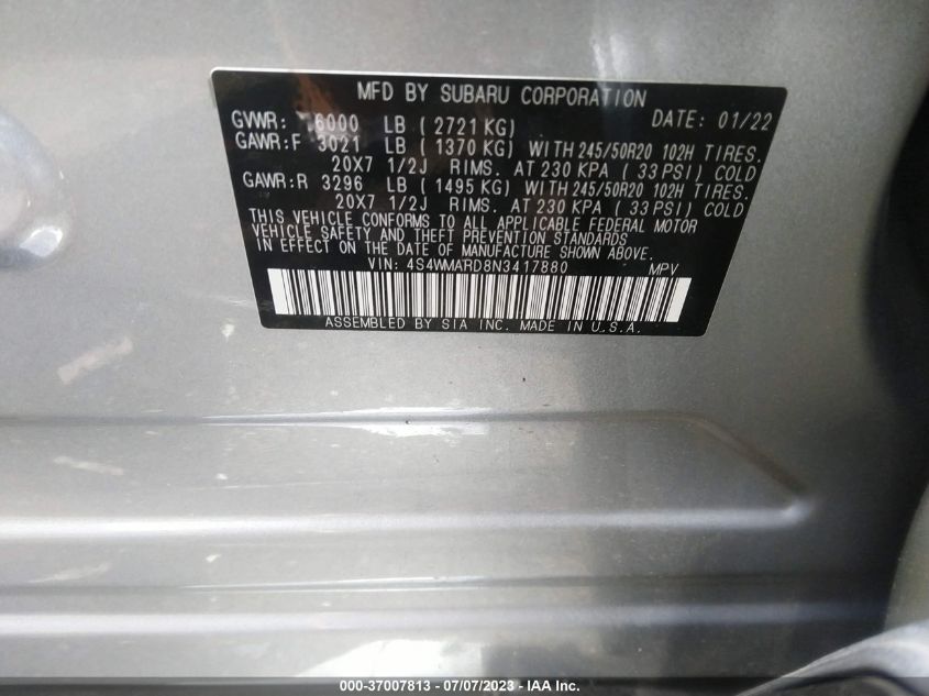 2022 SUBARU ASCENT TOURING - 4S4WMARD8N3417880