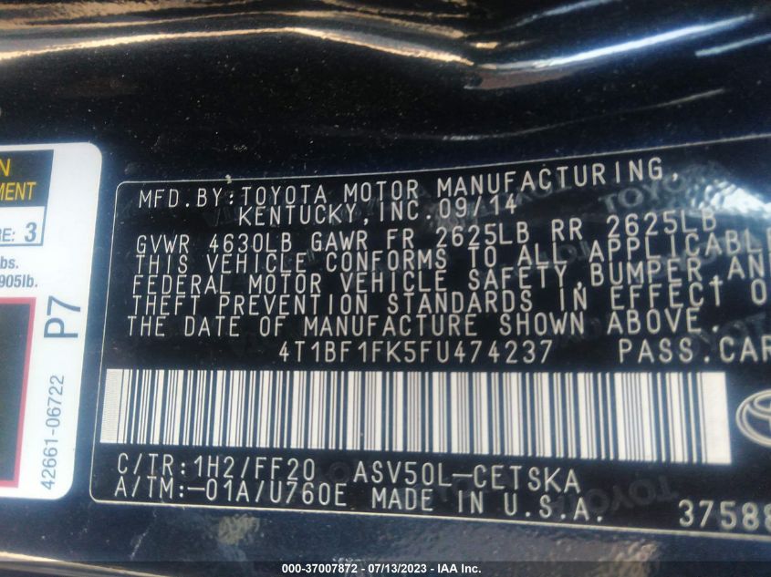 2015 TOYOTA CAMRY SE - 4T1BF1FK5FU474237