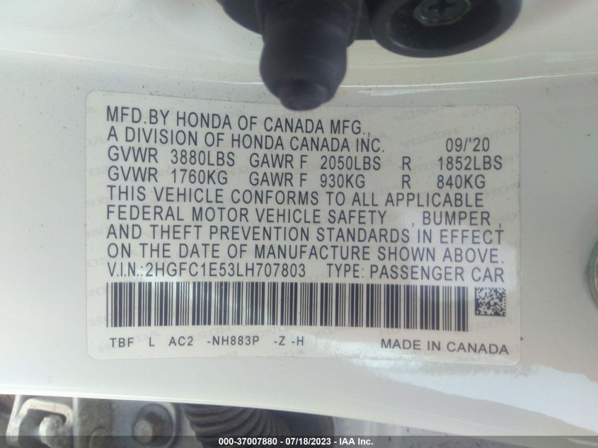 2020 HONDA CIVIC SI SEDAN 2HGFC1E53LH707803