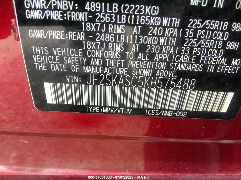 2019 SUBARU FORESTER LIMITED - JF2SKASC5KH575488