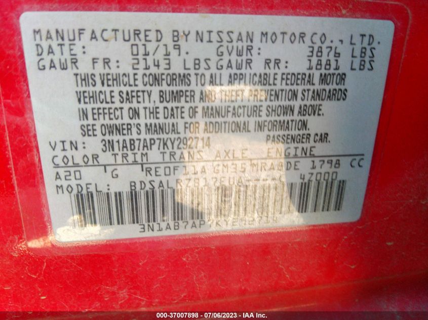 2019 NISSAN SENTRA SR - 3N1AB7AP7KY292714