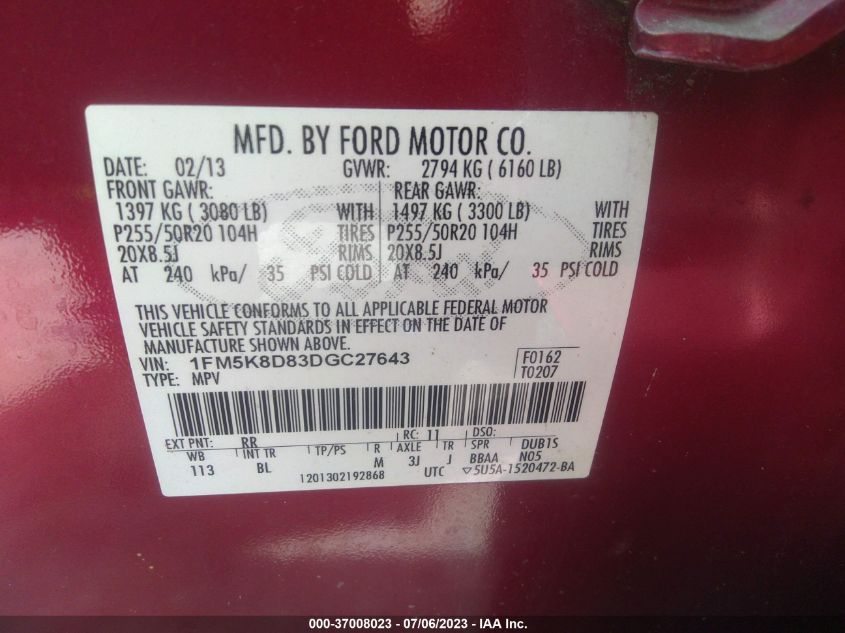 2013 FORD EXPLORER XLT - 1FM5K8D83DGC27643