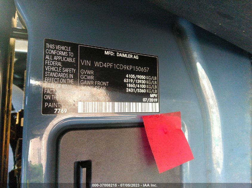2019 MERCEDES-BENZ SPRINTER VAN WD4PF1CD9KP150657