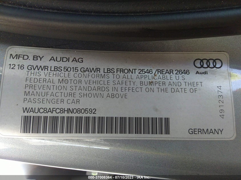 VIN WAUC8AFC8HN080592 2017 AUDI A6 PREMIUM