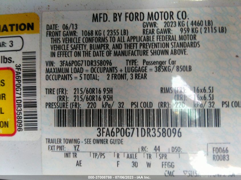 2013 FORD FUSION S - 3FA6P0G71DR358096