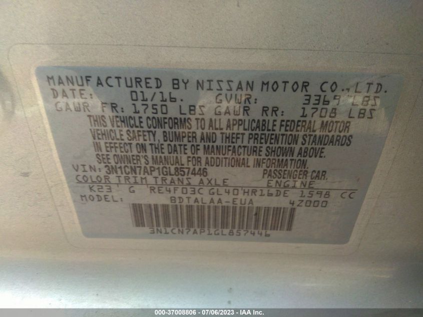 2016 NISSAN VERSA S - 3N1CN7AP1GL857446