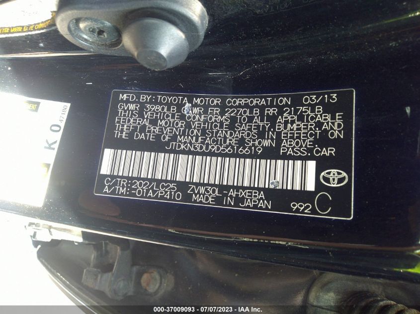 2013 TOYOTA PRIUS ONE/TWO/THREE/FOUR/FIVE - JTDKN3DU9D5616619