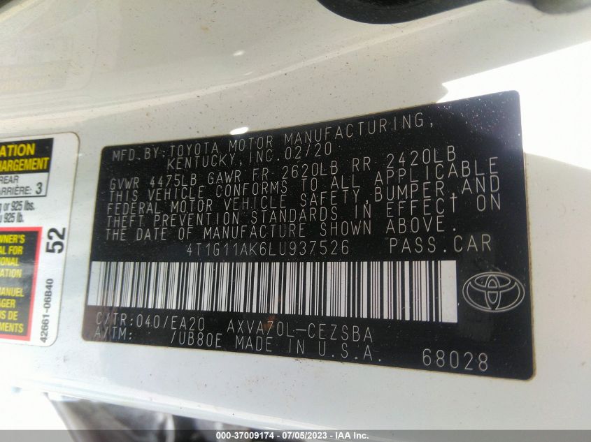 2020 TOYOTA CAMRY SE - 4T1G11AK6LU937526