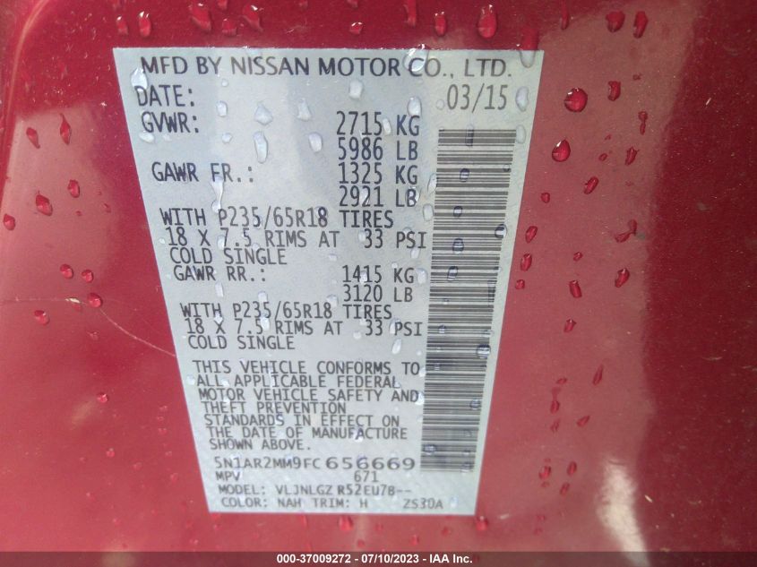2015 NISSAN PATHFINDER SL - 5N1AR2MM9FC656669