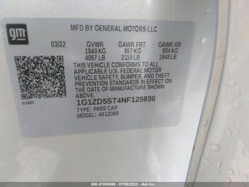 2022 CHEVROLET MALIBU LT - 1G1ZD5ST4NF125936