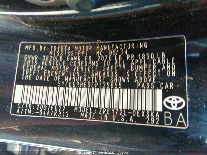 2014 TOYOTA COROLLA L/LE/S/S PLUS/LE PLUS - 5YFBURHE0EP135655