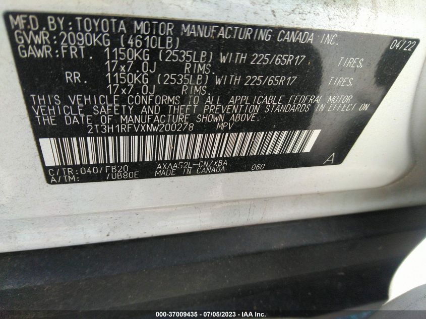 2022 TOYOTA RAV4 LE - 2T3H1RFVXNW200278