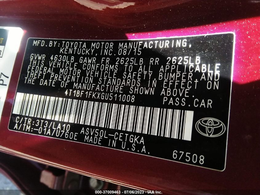 2016 TOYOTA CAMRY XLE/SE/LE/XSE - 4T1BF1FKXGU511008