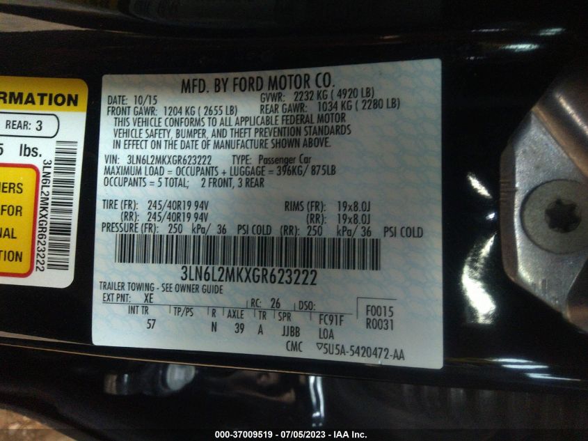 2016 LINCOLN MKZ BLACK LABEL - 3LN6L2MKXGR623222