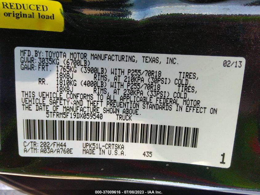 2013 TOYOTA TUNDRA 2WD TRUCK - 5TFRM5F19DX059540