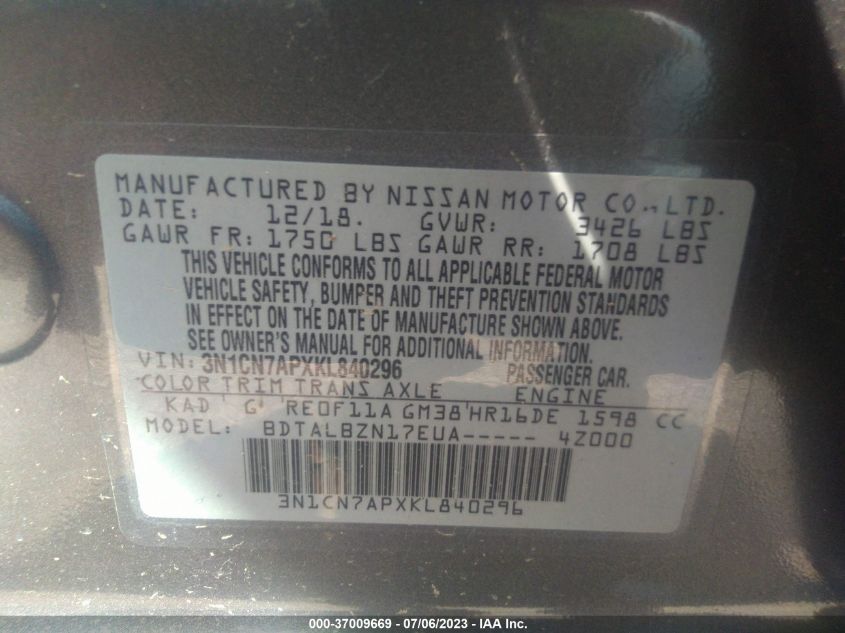 2019 NISSAN VERSA SEDAN SV - 3N1CN7APXKL840296