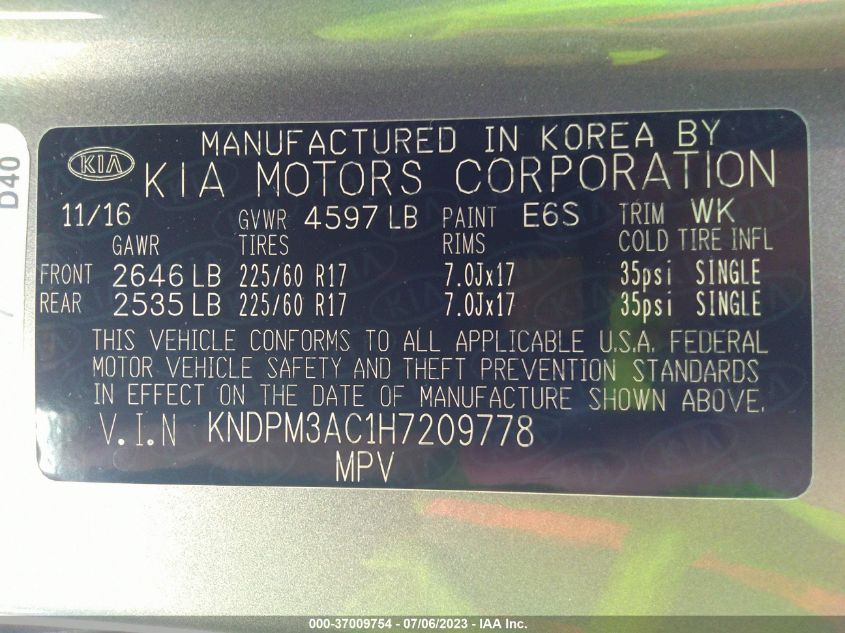 2017 KIA SPORTAGE LX - KNDPM3AC1H7209778