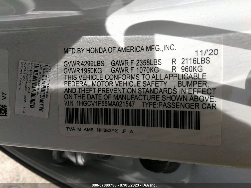 2021 HONDA ACCORD SEDAN EX-L - 1HGCV1F55MA021547
