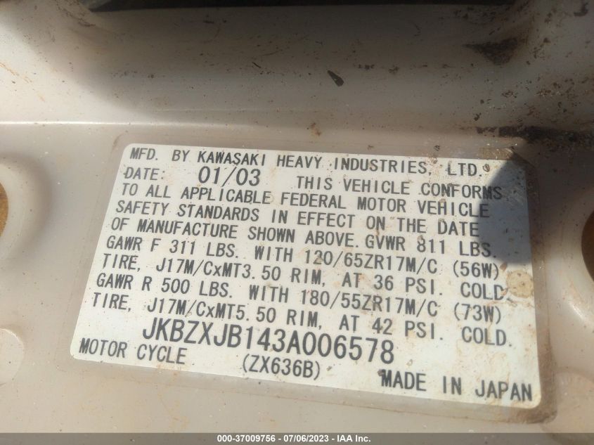 2003 KAWASAKI ZX636 B1 JKBZXJB143A006578