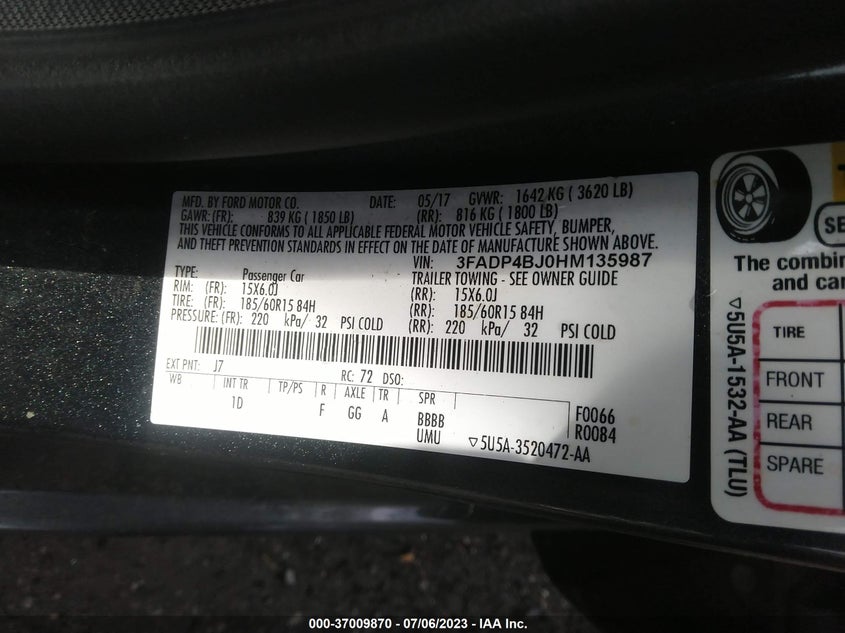 VIN 3FADP4BJ0HM135987 2017 FORD FIESTA SE