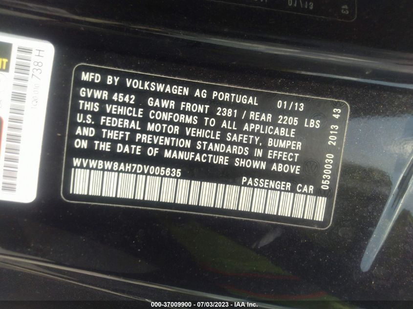 2013 VOLKSWAGEN EOS KOMFORT - WVWBW8AH7DV005635