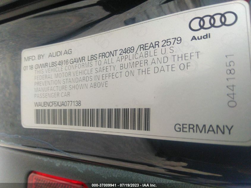 2018 AUDI A5 SPORTBACK PREMIUM PLUS - WAUENCF5XJA077138