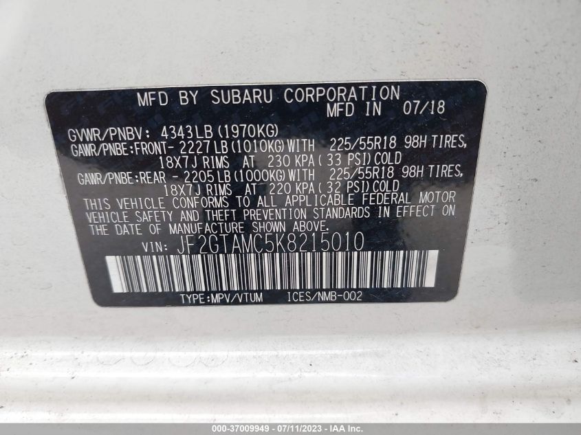 2019 SUBARU CROSSTREK LIMITED - JF2GTAMC5K8215010